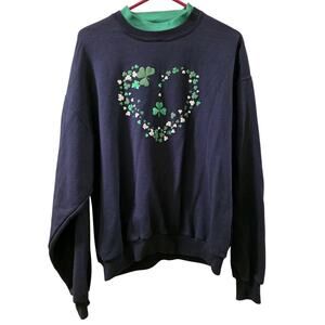 Vtg 90s Embroidered Heart Shamrock Double Collared Sweatshirt St Patricks Day L